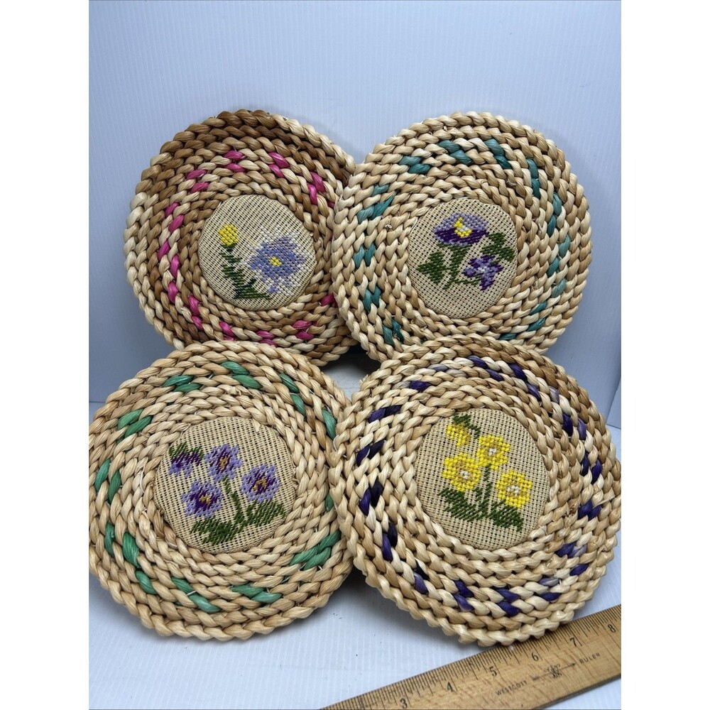 Vtg Woven Straw Mini Placemats Set of 4 Floral Embroidered Boho Table Coasters